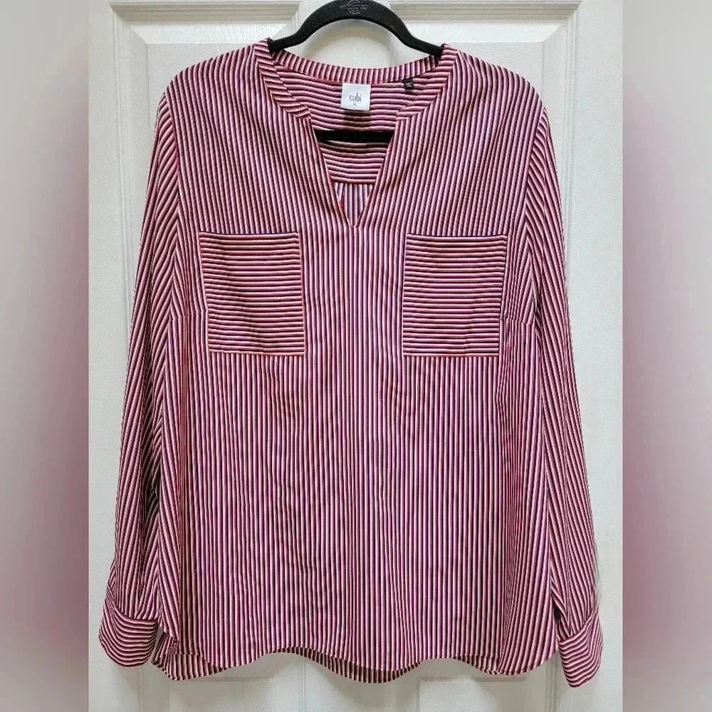 Cabi Franklin Striped Popover Long Sleeve V Neck Blouse Size XL